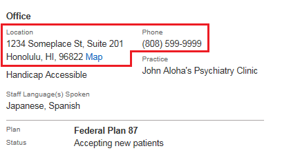 Screenshot showing where the provider's address is displayed.