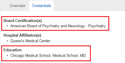 Screenshot showing where the provider recieved their education and board certifications.
