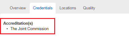 Screenshot showing where the facility's accreditations are displayed.