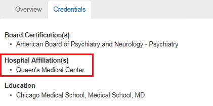 Screenshot showing where the provider's hospital affiliations are displayed.