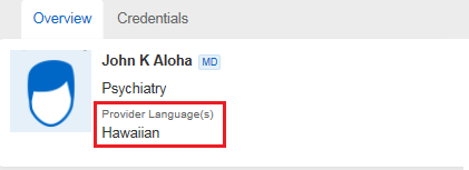 Screenshot showing where the provider's spoken languages are displayed.