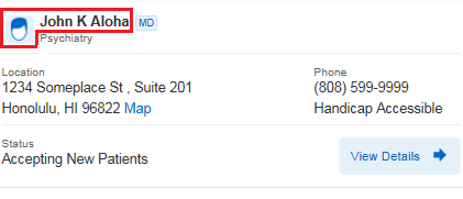 Screenshot showing where the provider's name and gender is displayed.