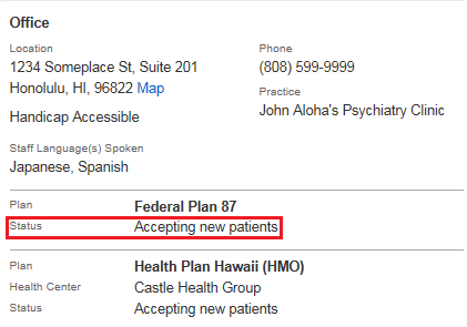 Screenshot showing where the provider's accepting new patients indicator is displayed.