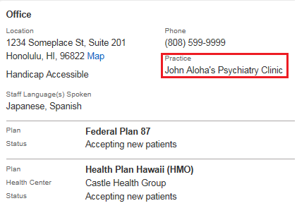 Screenshot showing where the provider's practice name is displayed.