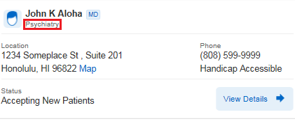 Screenshot showing where the provider's specialty is displayed.